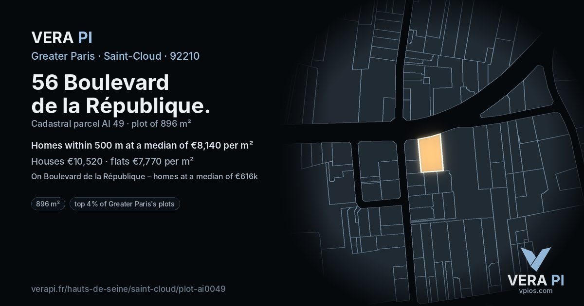 56 Boulevard de la République, Saint-Cloud at night – the plot lit, the parcels around coloured by the prices near them