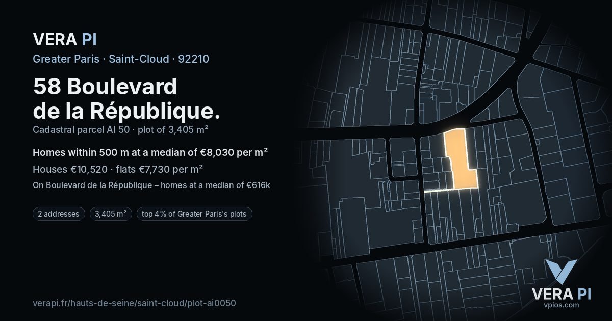 58 Boulevard de la République, Saint-Cloud at night – the plot lit, the parcels around coloured by the prices near them