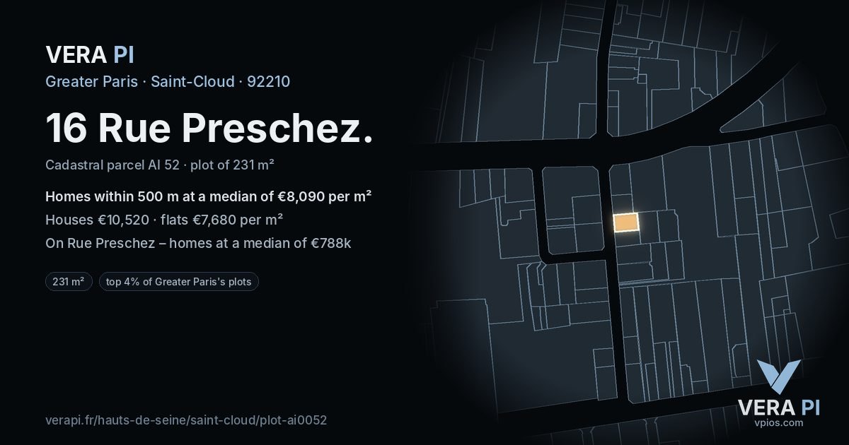 16 Rue Preschez, Saint-Cloud at night – the plot lit, the parcels around coloured by the prices near them