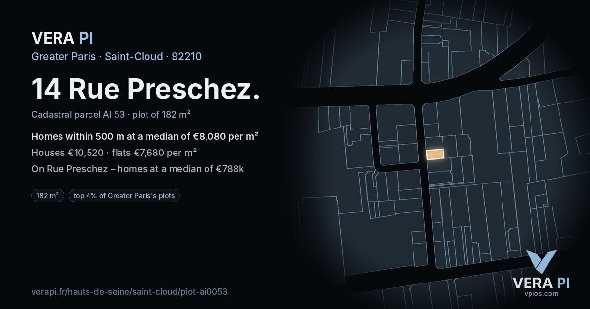 14 Rue Preschez, Saint-Cloud at night – the plot lit, the parcels around coloured by the prices near them