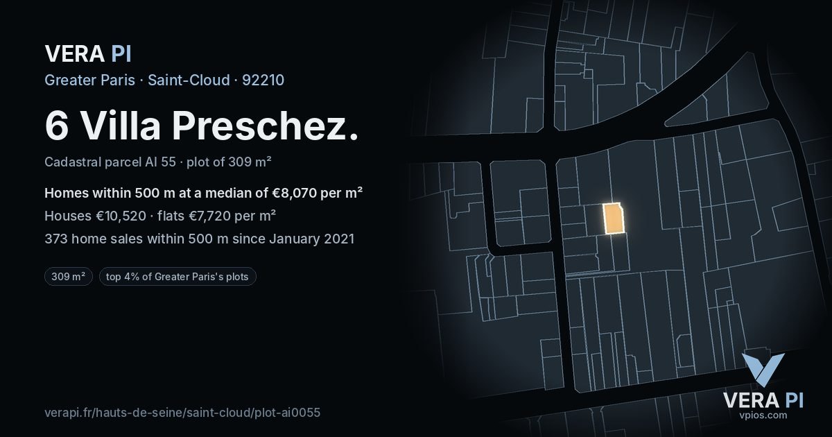 6 Villa Preschez, Saint-Cloud at night – the plot lit, the parcels around coloured by the prices near them
