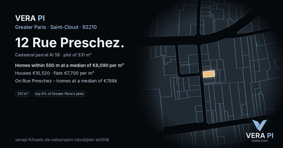 12 Rue Preschez, Saint-Cloud at night – the plot lit, the parcels around coloured by the prices near them