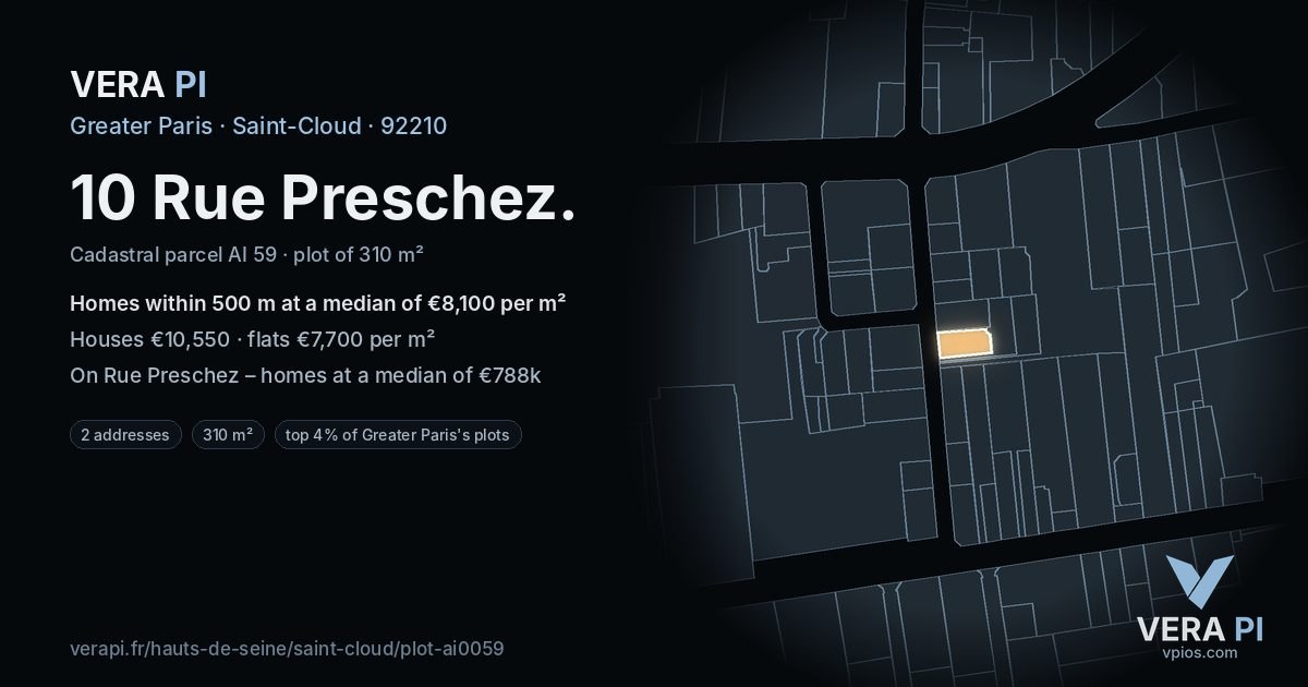 10 Rue Preschez, Saint-Cloud at night – the plot lit, the parcels around coloured by the prices near them