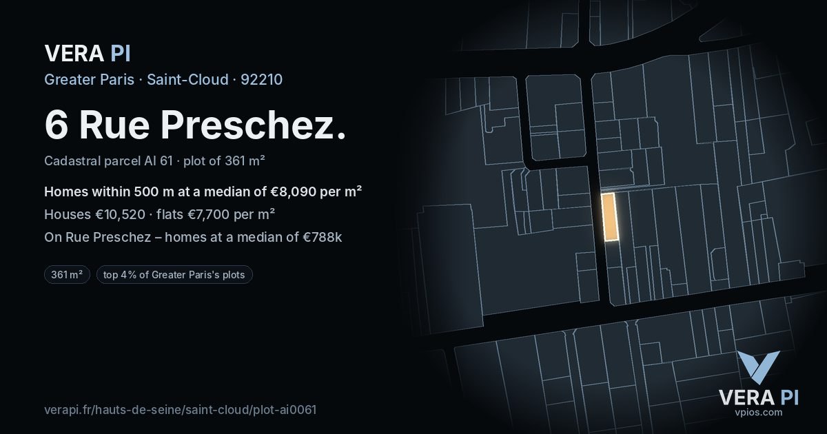 6 Rue Preschez, Saint-Cloud at night – the plot lit, the parcels around coloured by the prices near them