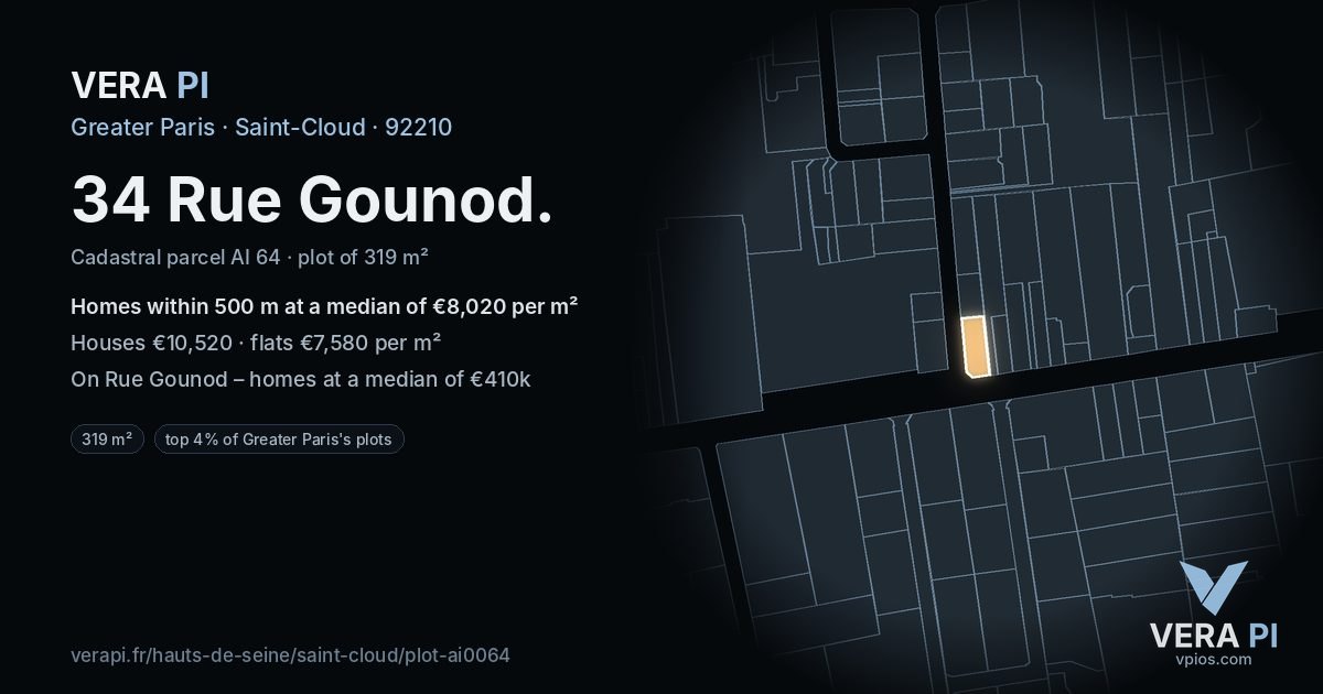 34 Rue Gounod, Saint-Cloud at night – the plot lit, the parcels around coloured by the prices near them