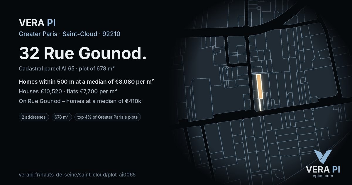 32 Rue Gounod, Saint-Cloud at night – the plot lit, the parcels around coloured by the prices near them