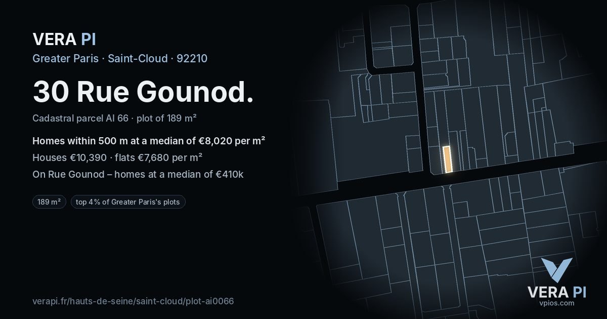30 Rue Gounod, Saint-Cloud at night – the plot lit, the parcels around coloured by the prices near them