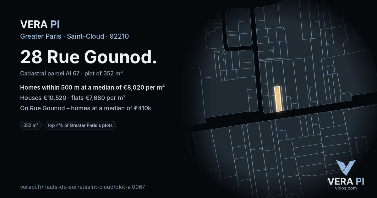 28 Rue Gounod, Saint-Cloud at night – the plot lit, the parcels around coloured by the prices near them