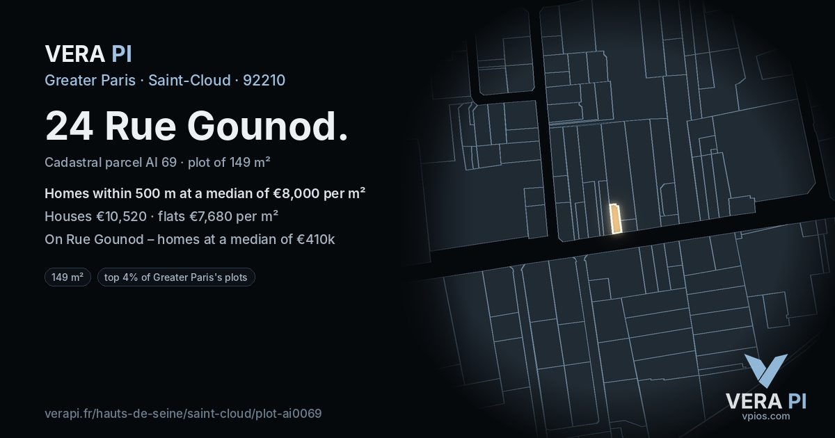 24 Rue Gounod, Saint-Cloud at night – the plot lit, the parcels around coloured by the prices near them