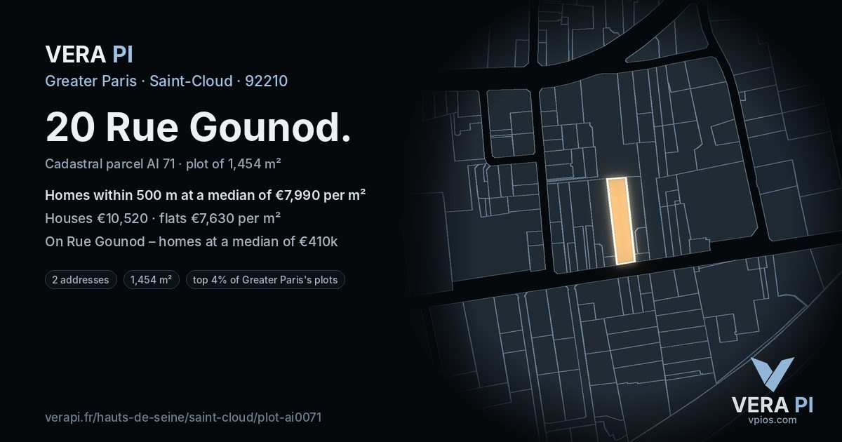 20 Rue Gounod, Saint-Cloud at night – the plot lit, the parcels around coloured by the prices near them