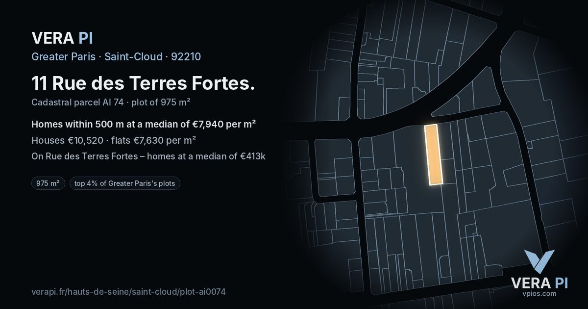 11 Rue des Terres Fortes, Saint-Cloud at night – the plot lit, the parcels around coloured by the prices near them