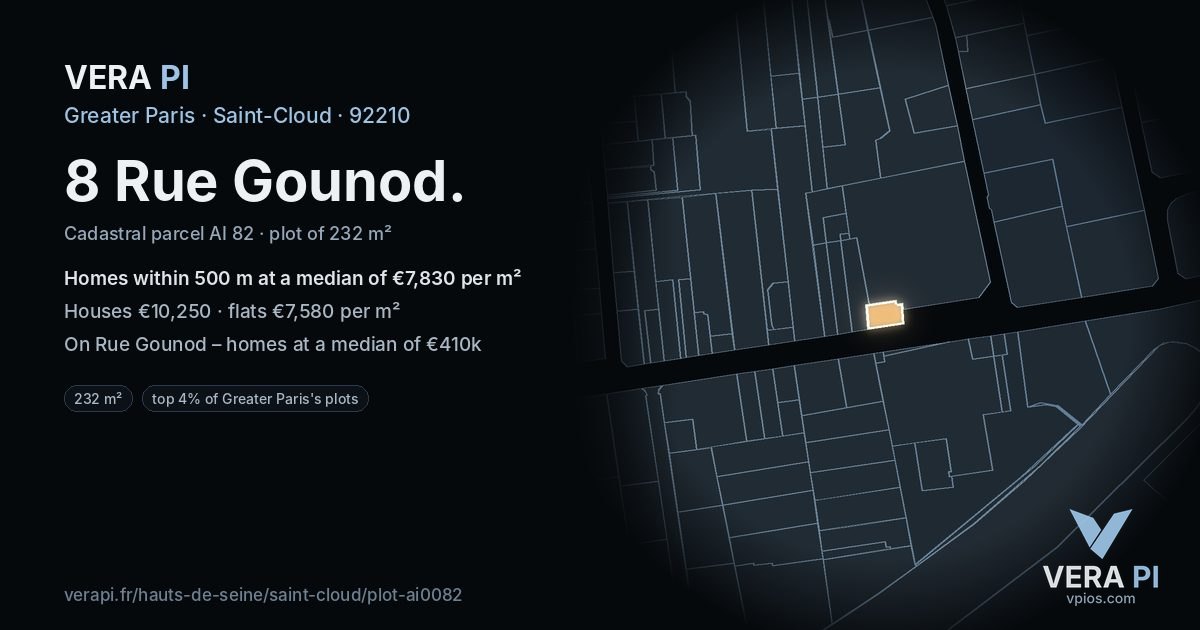8 Rue Gounod, Saint-Cloud at night – the plot lit, the parcels around coloured by the prices near them