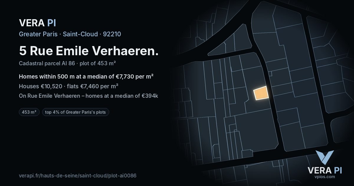 5 Rue Emile Verhaeren, Saint-Cloud at night – the plot lit, the parcels around coloured by the prices near them
