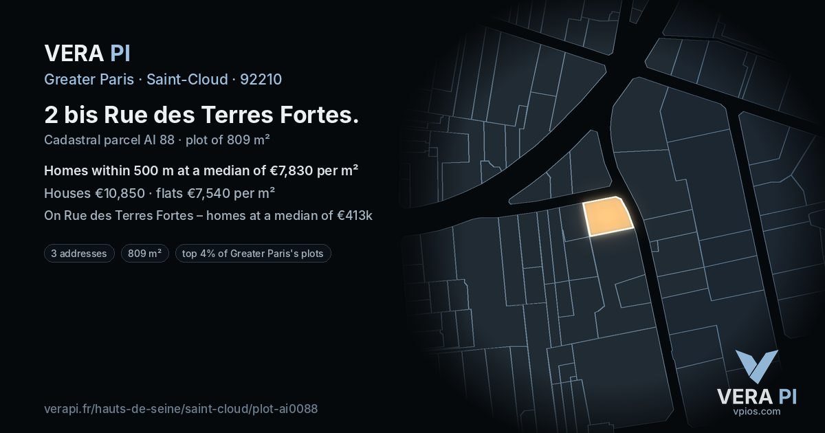 2 bis Rue des Terres Fortes, Saint-Cloud at night – the plot lit, the parcels around coloured by the prices near them