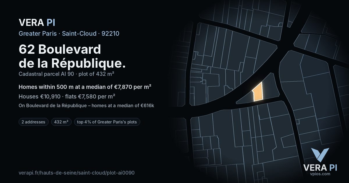 62 Boulevard de la République, Saint-Cloud at night – the plot lit, the parcels around coloured by the prices near them