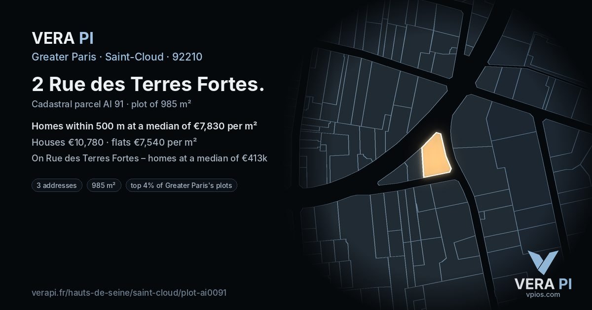 2 Rue des Terres Fortes, Saint-Cloud at night – the plot lit, the parcels around coloured by the prices near them