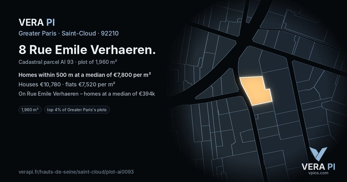 8 Rue Emile Verhaeren, Saint-Cloud at night – the plot lit, the parcels around coloured by the prices near them
