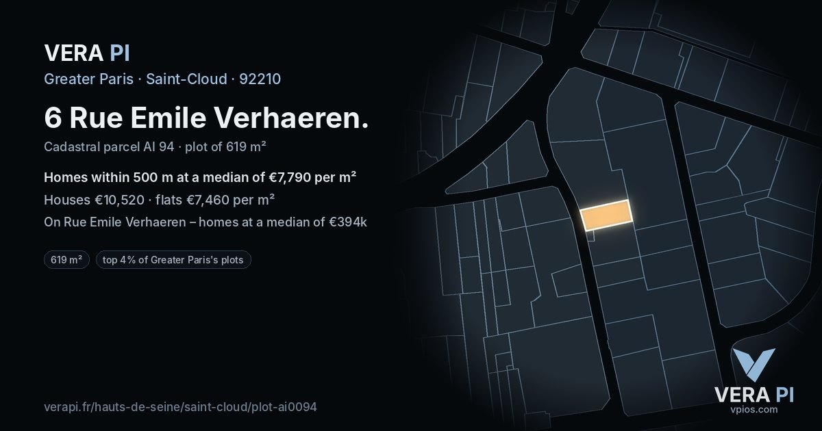 6 Rue Emile Verhaeren, Saint-Cloud at night – the plot lit, the parcels around coloured by the prices near them