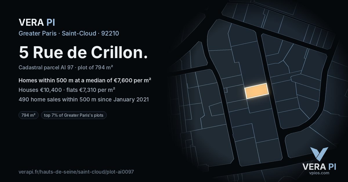 5 Rue de Crillon, Saint-Cloud at night – the plot lit, the parcels around coloured by the prices near them