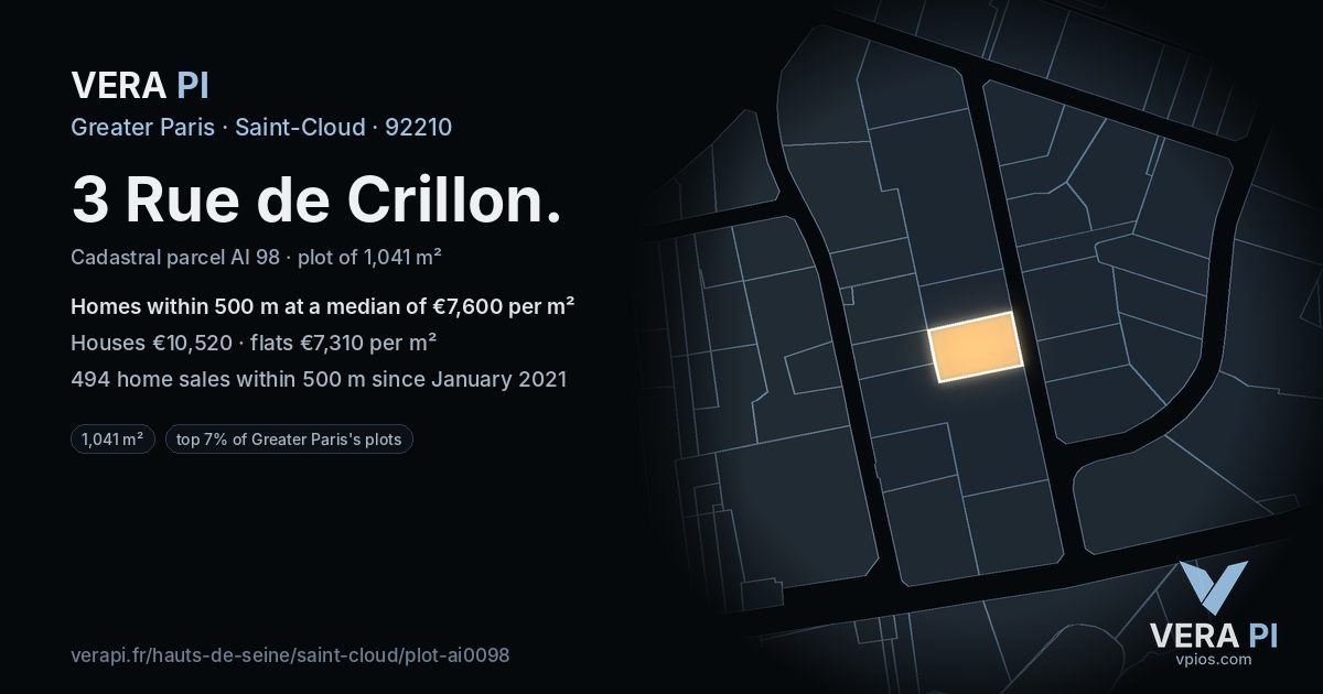 3 Rue de Crillon, Saint-Cloud at night – the plot lit, the parcels around coloured by the prices near them