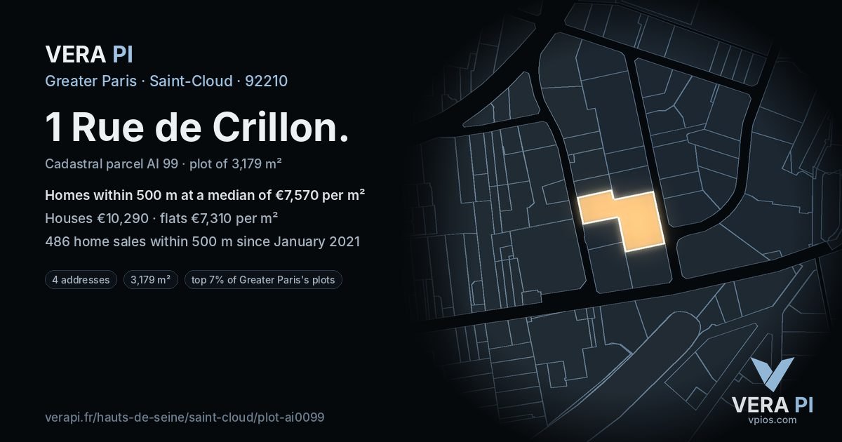 1 Rue de Crillon, Saint-Cloud at night – the plot lit, the parcels around coloured by the prices near them