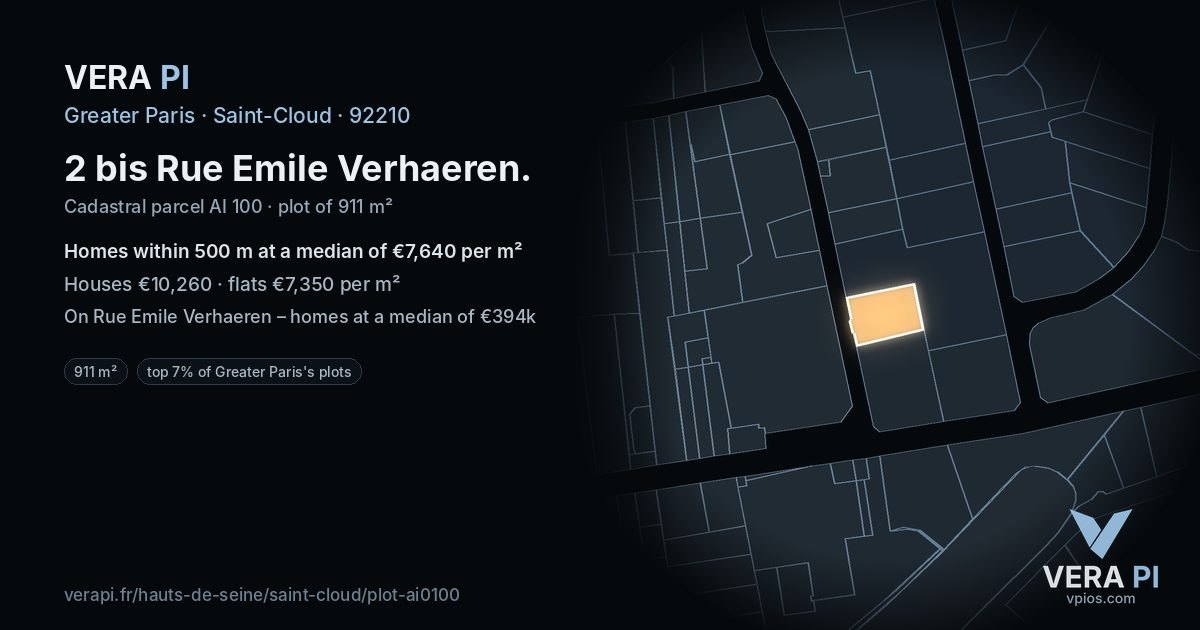 2 bis Rue Emile Verhaeren, Saint-Cloud at night – the plot lit, the parcels around coloured by the prices near them