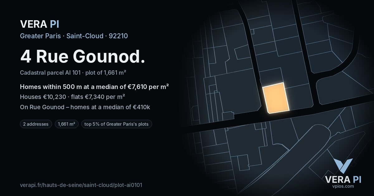 4 Rue Gounod, Saint-Cloud at night – the plot lit, the parcels around coloured by the prices near them