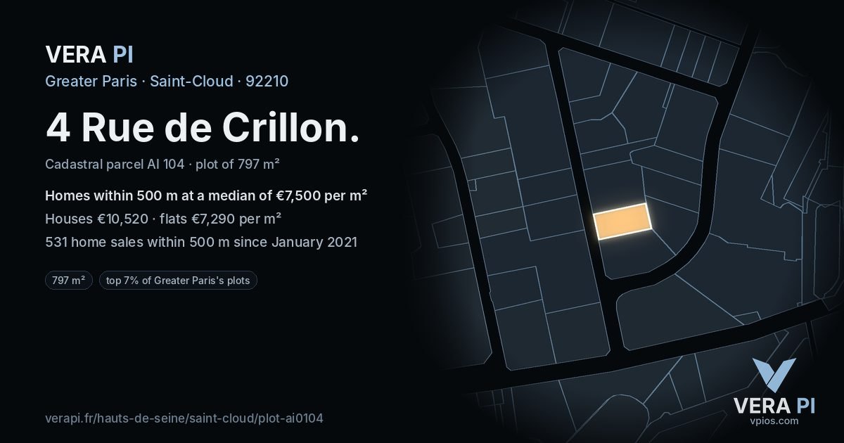 4 Rue de Crillon, Saint-Cloud at night – the plot lit, the parcels around coloured by the prices near them