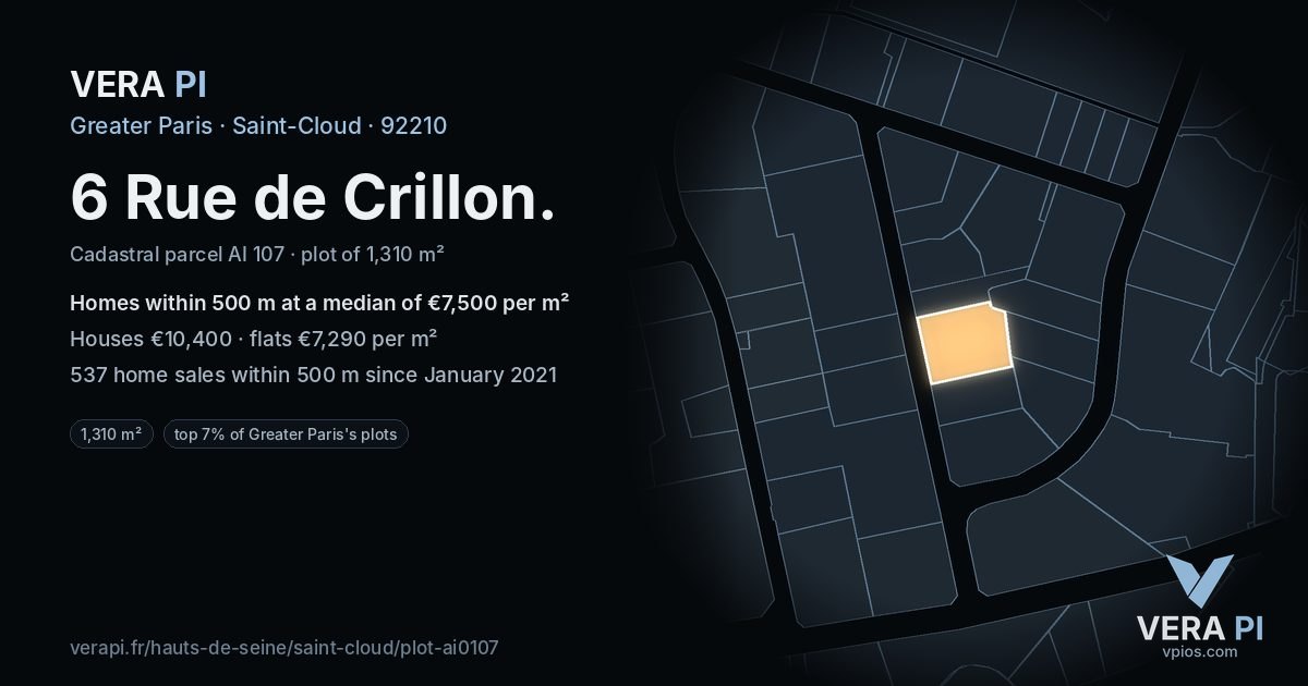 6 Rue de Crillon, Saint-Cloud at night – the plot lit, the parcels around coloured by the prices near them