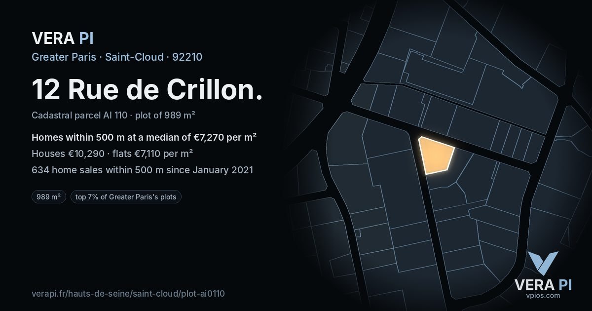 12 Rue de Crillon, Saint-Cloud at night – the plot lit, the parcels around coloured by the prices near them