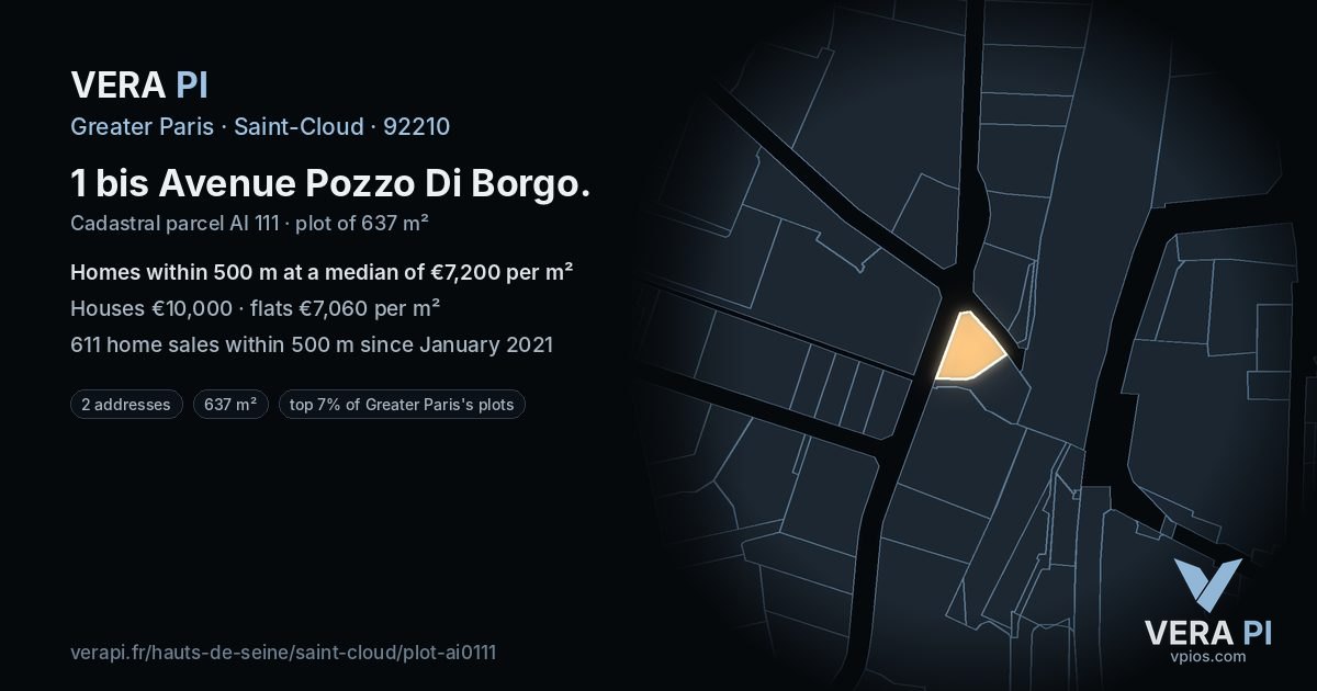 1 bis Avenue Pozzo Di Borgo, Saint-Cloud at night – the plot lit, the parcels around coloured by the prices near them