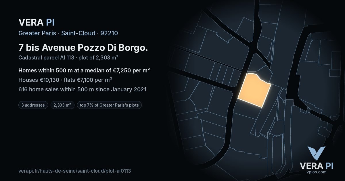 7 bis Avenue Pozzo Di Borgo, Saint-Cloud at night – the plot lit, the parcels around coloured by the prices near them