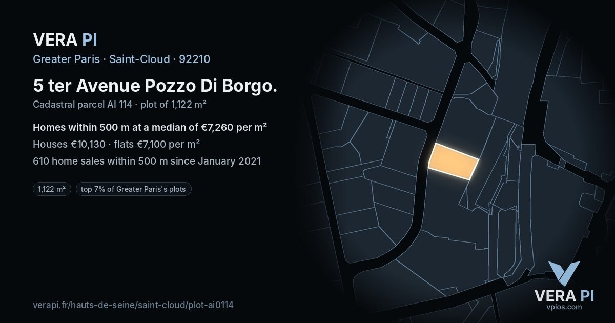 5 ter Avenue Pozzo Di Borgo, Saint-Cloud at night – the plot lit, the parcels around coloured by the prices near them