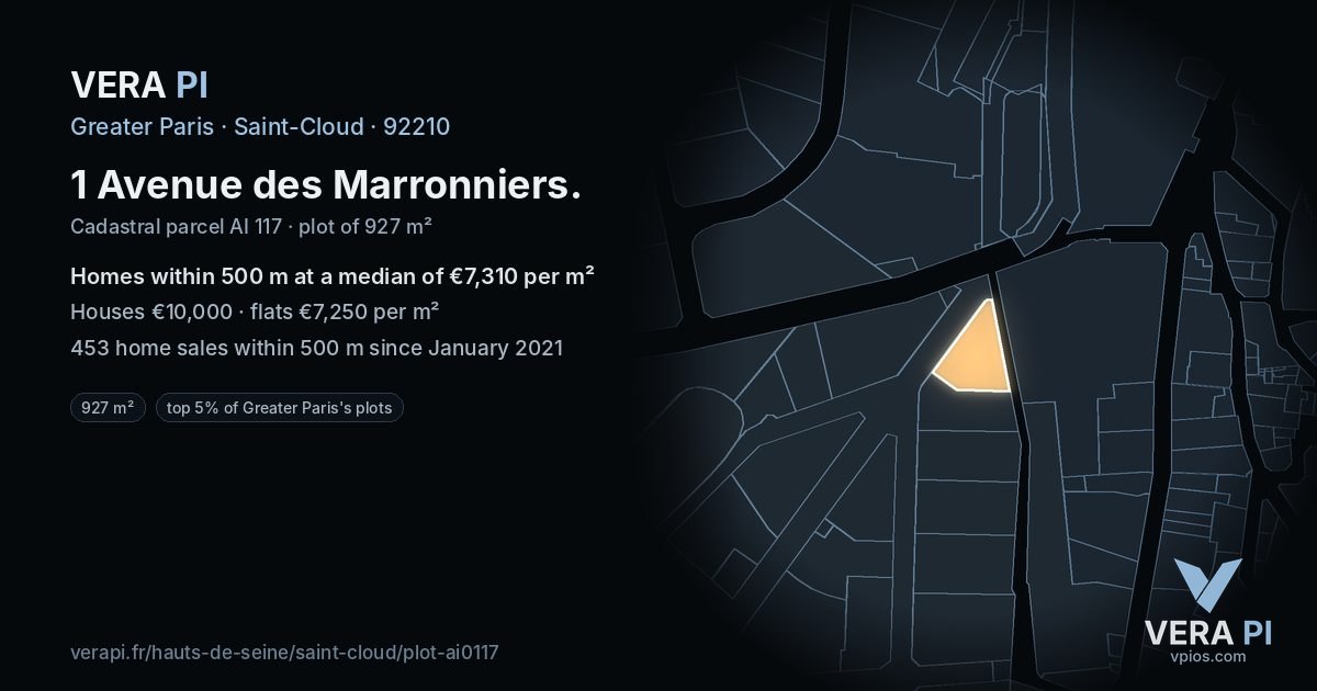 1 Avenue des Marronniers, Saint-Cloud at night – the plot lit, the parcels around coloured by the prices near them