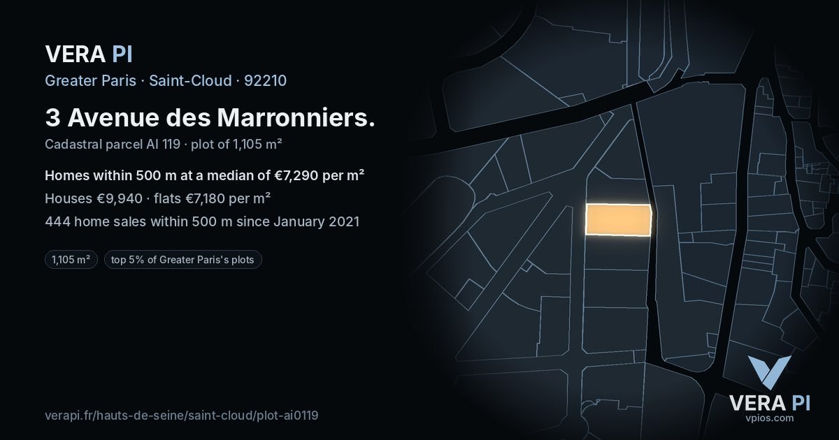 3 Avenue des Marronniers, Saint-Cloud at night – the plot lit, the parcels around coloured by the prices near them