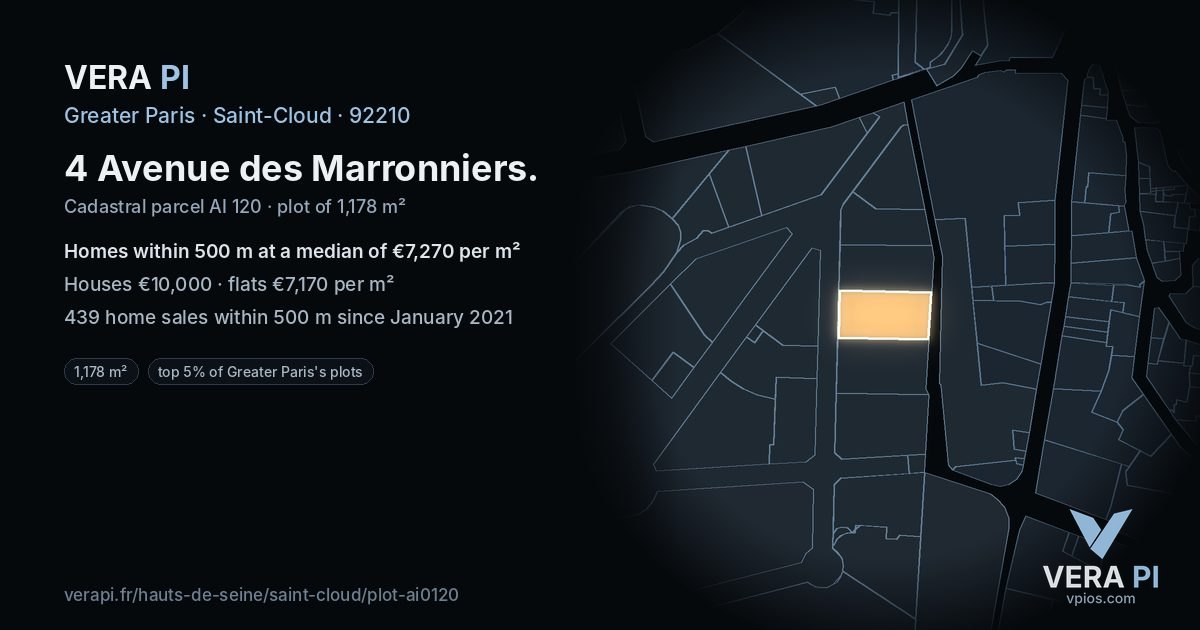 4 Avenue des Marronniers, Saint-Cloud at night – the plot lit, the parcels around coloured by the prices near them