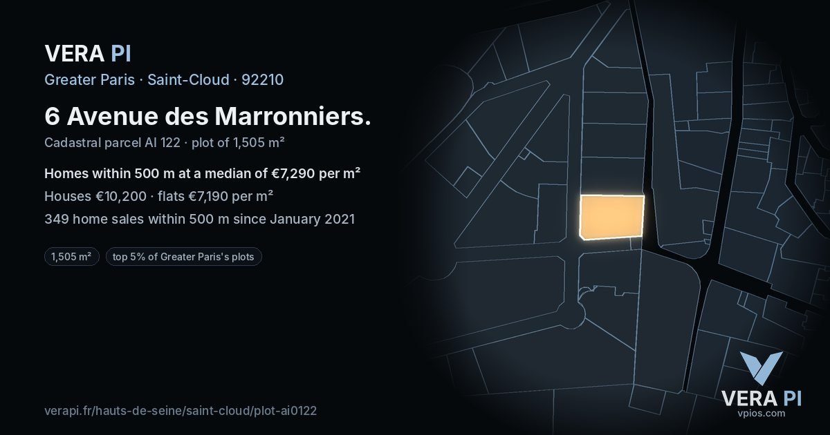 6 Avenue des Marronniers, Saint-Cloud at night – the plot lit, the parcels around coloured by the prices near them