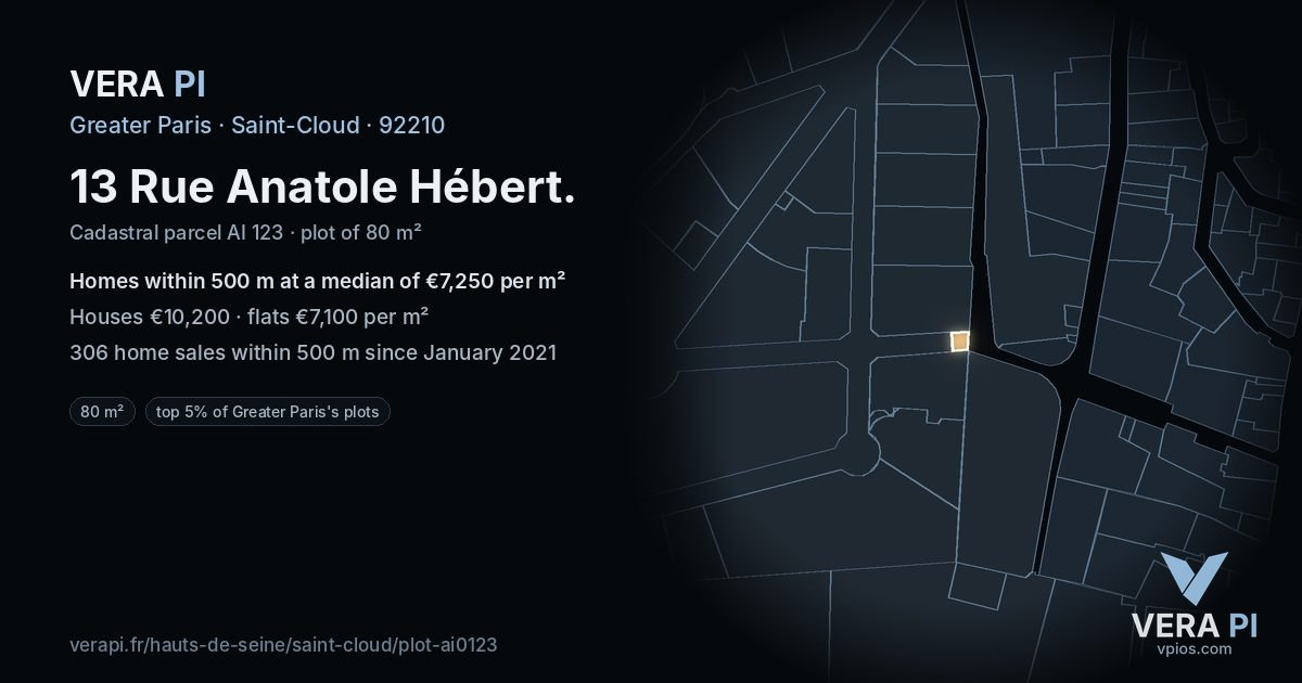 13 Rue Anatole Hébert, Saint-Cloud at night – the plot lit, the parcels around coloured by the prices near them