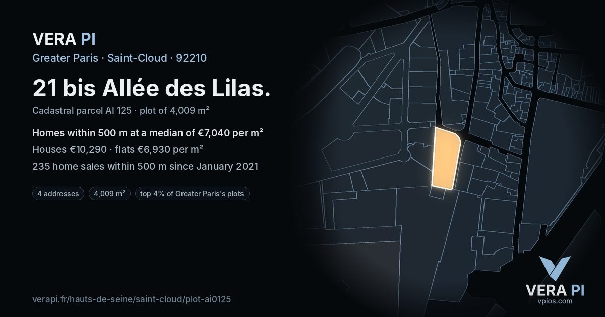 21 bis Allée des Lilas, Saint-Cloud at night – the plot lit, the parcels around coloured by the prices near them