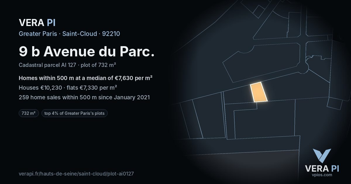 9 b Avenue du Parc, Saint-Cloud at night – the plot lit, the parcels around coloured by the prices near them