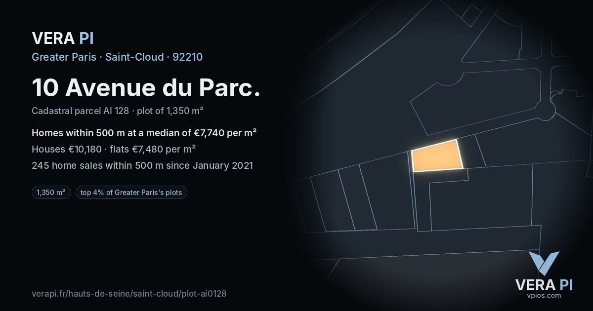 10 Avenue du Parc, Saint-Cloud at night – the plot lit, the parcels around coloured by the prices near them