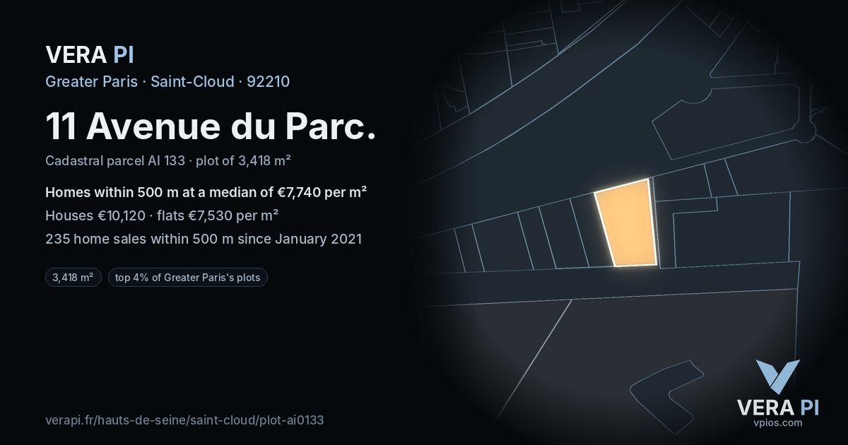 11 Avenue du Parc, Saint-Cloud at night – the plot lit, the parcels around coloured by the prices near them