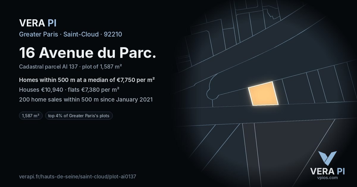 16 Avenue du Parc, Saint-Cloud at night – the plot lit, the parcels around coloured by the prices near them