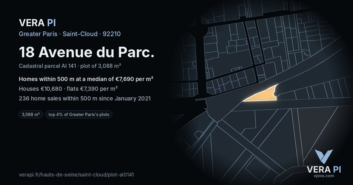 18 Avenue du Parc, Saint-Cloud at night – the plot lit, the parcels around coloured by the prices near them