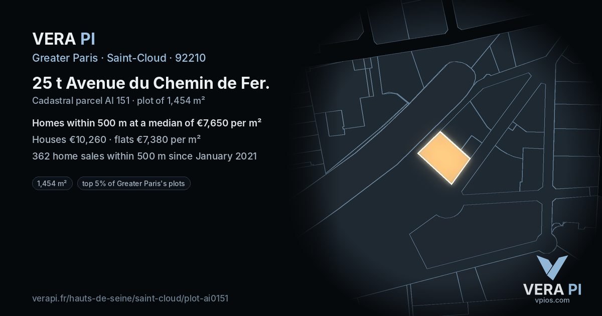 25 t Avenue du Chemin de Fer, Saint-Cloud at night – the plot lit, the parcels around coloured by the prices near them