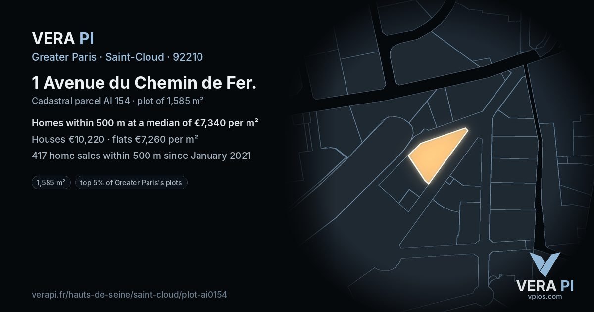 1 Avenue du Chemin de Fer, Saint-Cloud at night – the plot lit, the parcels around coloured by the prices near them
