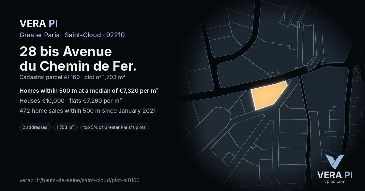 28 bis Avenue du Chemin de Fer, Saint-Cloud at night – the plot lit, the parcels around coloured by the prices near them