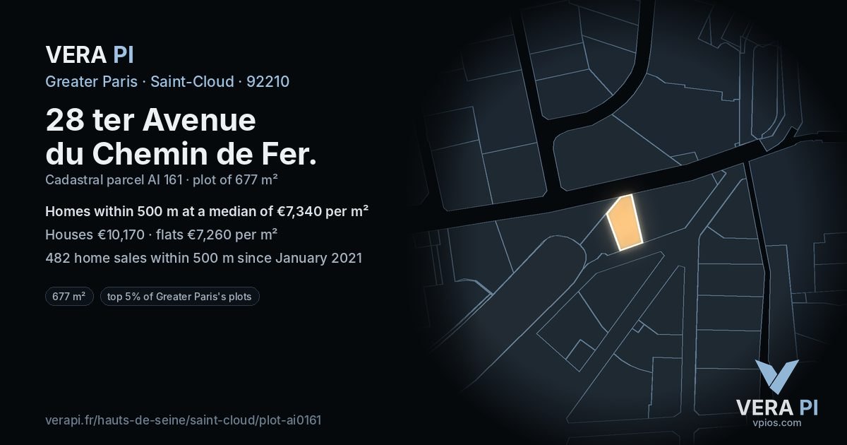 28 ter Avenue du Chemin de Fer, Saint-Cloud at night – the plot lit, the parcels around coloured by the prices near them
