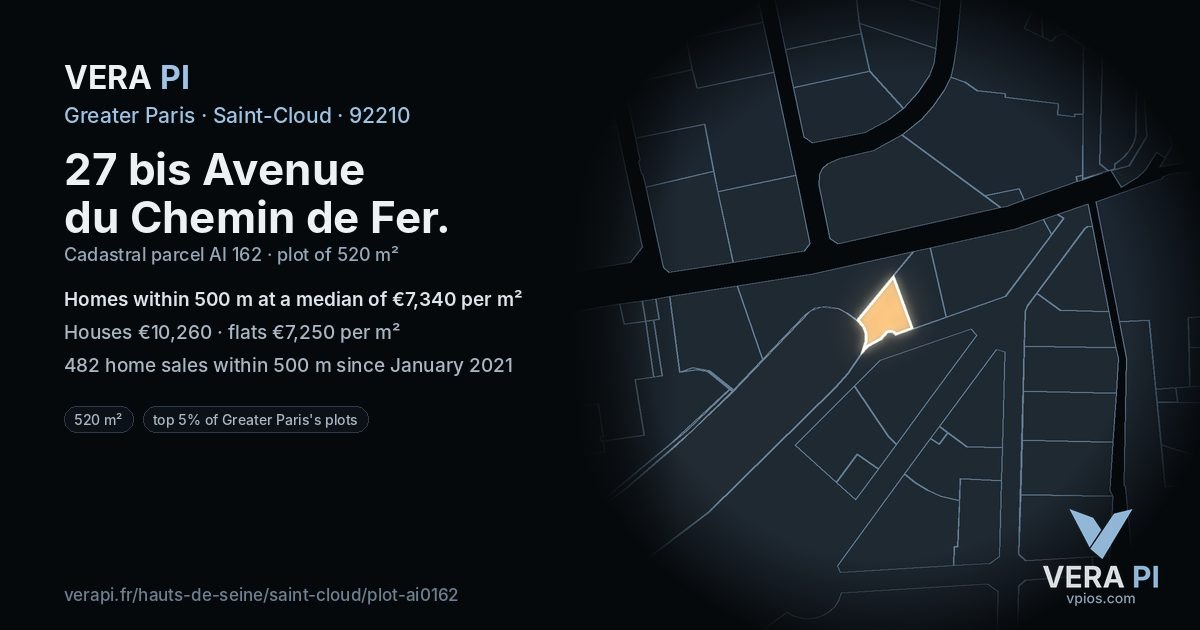 27 bis Avenue du Chemin de Fer, Saint-Cloud at night – the plot lit, the parcels around coloured by the prices near them