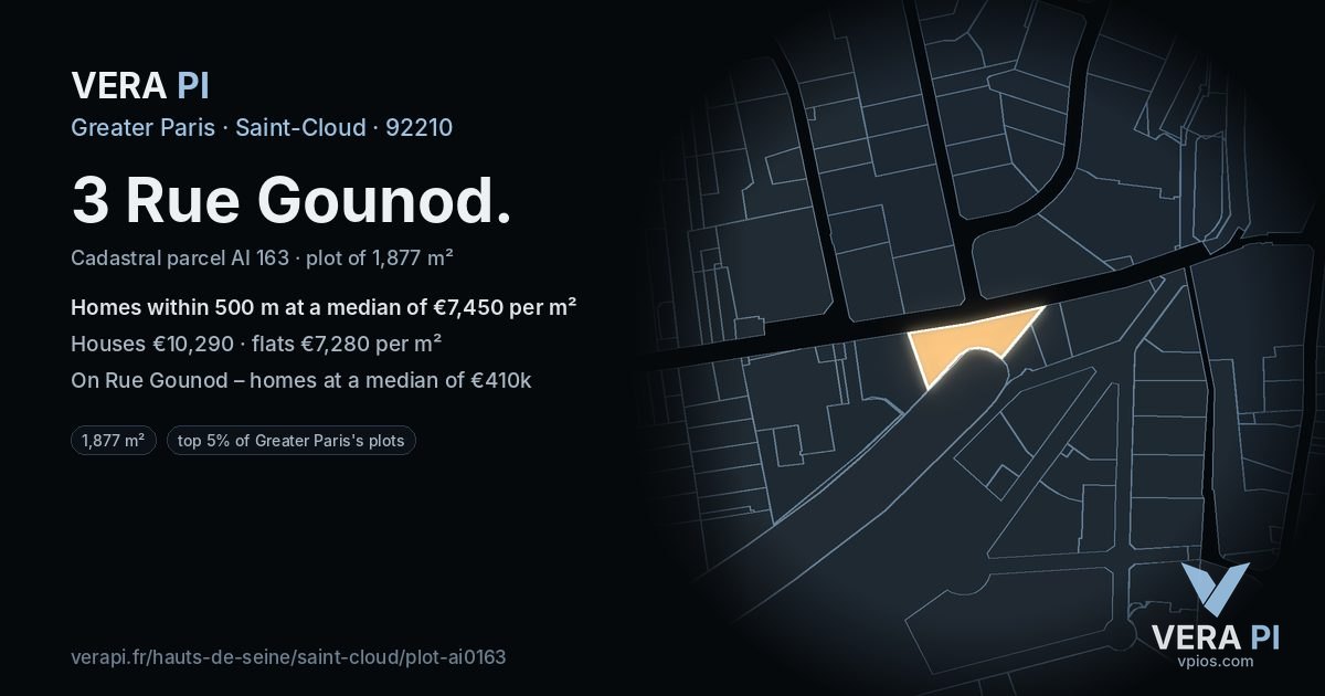 3 Rue Gounod, Saint-Cloud at night – the plot lit, the parcels around coloured by the prices near them